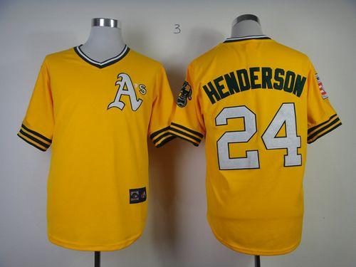 Mitchell And Ness Athletics #24 Rickey Henderson Yellow Throwback Stitched MLB Jersey - Click Image to Close